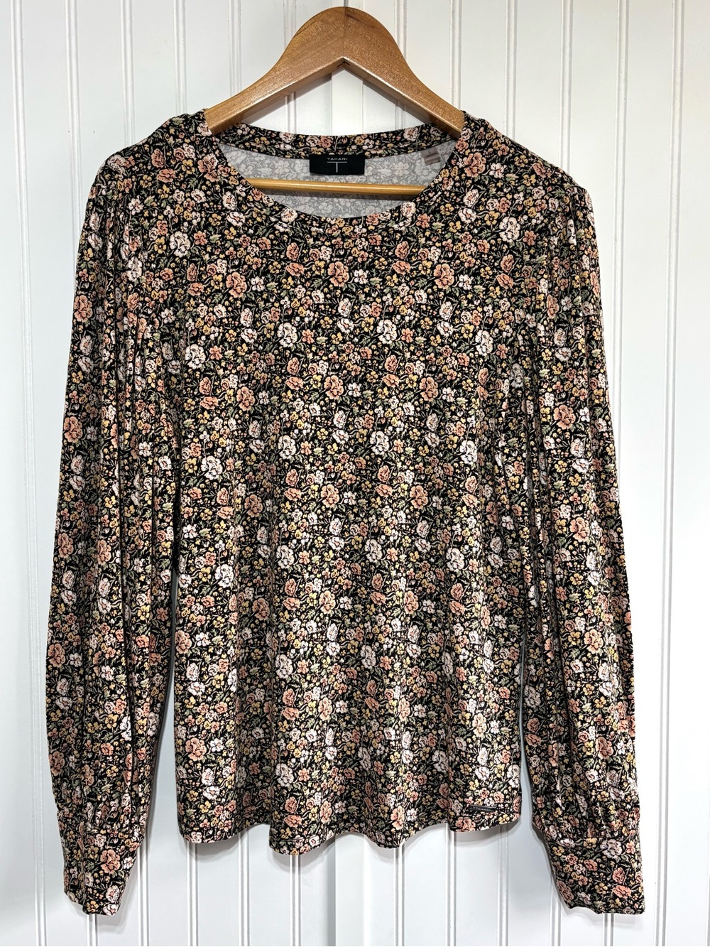 Tahari Floral Long Sleeve Puff Sleeve Cottagecore Top Black Peach Size Large